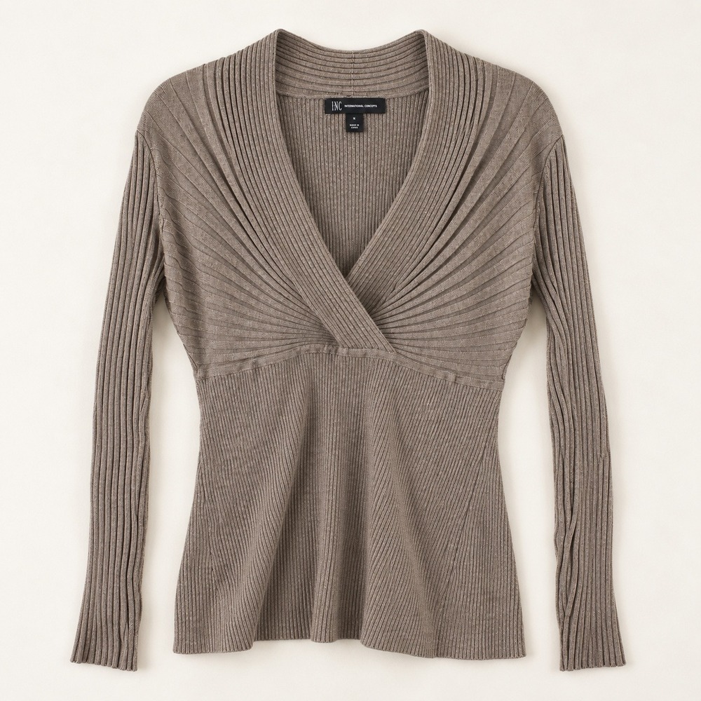 INC International Concepts Womens Taupe Ribbed Surplice V-Neck Sweater Large